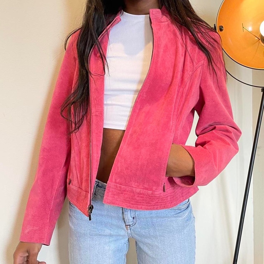Pink genuine suede leather moto cut jacket by Valerie Stevens.
